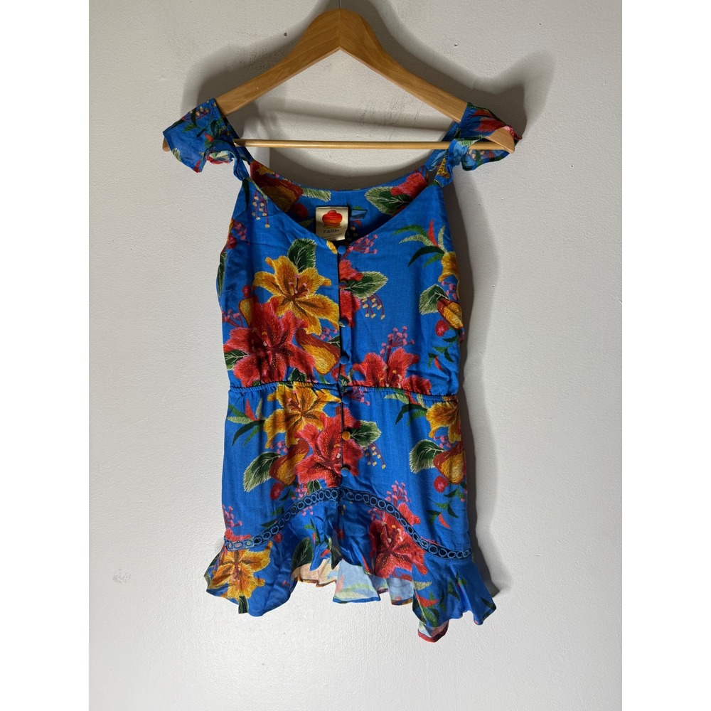 Farm Rio blue floral ruffle sleeveless button down blouse tank XS